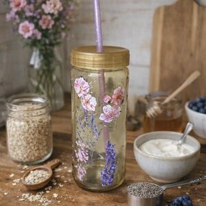 Floral Glass Mug with Gold Lid